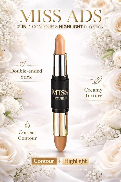 2-in-1 Contour & Highlight Duo Stick, Double-ended, Creamy Texture, Matte Finish