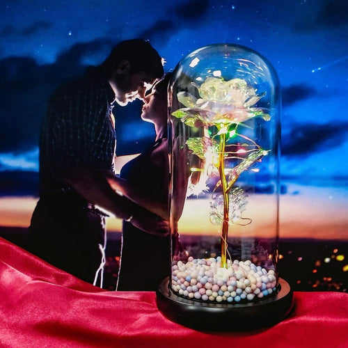 Artificial Colorful Flower Rose Gift Led Light On Galaxy Rose in Glass Dome Best Gifts